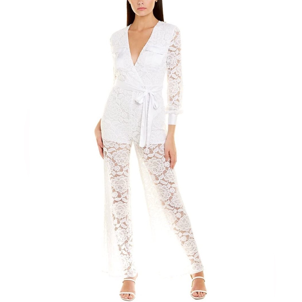 White Floral Lace Long Sleeve Wrap Jumpsuit - Bridal / After Party
